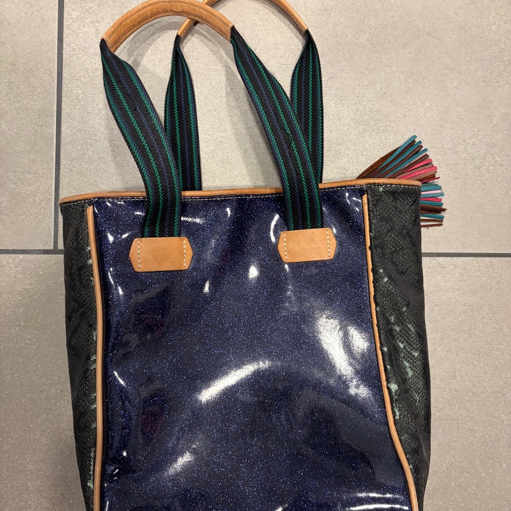 Consuela Navy Glitter Patent Tote with Black/green Sides and Tan Trim